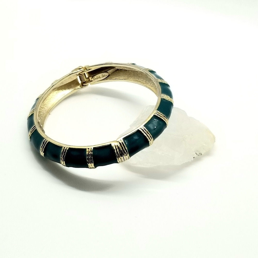 Cookie Lee Signed Teal & Gold Clamper Bracelet